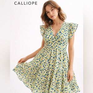 Calliope Floral Boho Dress Size M Yellow Blue Flowy Summer